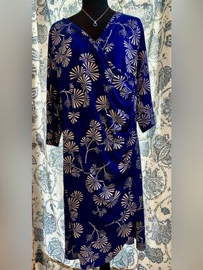 Elegant Royal Blue Floral Faux-Wrap Long Sleeve Dress